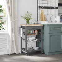 HOMCOM 3-Tier Kitchen Cart, Utility Cart with Solid Wood Top, Steel Basket, Rolling Kitchen Island with Drawer, Microwave Stand, Gray(m-4)