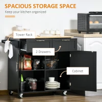 HOMCOM 41" Modern Rolling Kitchen Island on Wheels, Utility Cart Storage Trolley with Rubberwood Top & Drawers, Black(m-4)
