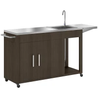 Outsunny Outdoor Grill Table with Stainless Steel Sink and Drainage, Grill Cart with Foldable Side Table and Cabinet, Outdoor Kitchen Island with Wheels, Distressed Brown(m-1)