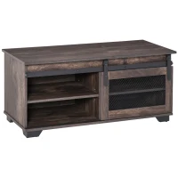 HOMCOM Farmhouse Coffee Table with Storage, Sliding Mesh Barn Door, Industrial Cocktail Table with Adjustable Shelves for Living Room, Dark Brown(m-11)