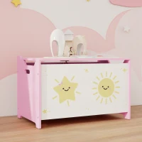 Qaba Toy Box with Lid, Safety Hinges and Groove Handles, Toy Storage Organizer for Kids, Living Room, Playroom, Pink(m-9)