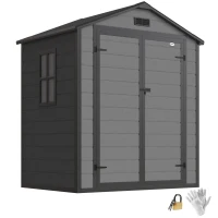 Outsunny 6x4.5FT Plastic Shed, Lockable Garden Tool Storage House with Double Doors and Vent, Grey(m-9)