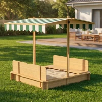 Outsunny Wooden Kids Sandbox with Cover, Children Outdoor Sand Box with Foldable Bench Seats and Adjustable Canopy(m-8)