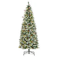 HOMCOM 6ft Pre-Lit Snow-Dipped Artificial Christmas Tree with Realistic Branches, 300 LED Lights, Pine Cones, Red Berries and 618 Tips(m-11)