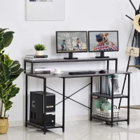 HOMCOM 55 Inch Home Office Computer Desk Study Writing Workstation with Storage Shelves, Elevated Monitor Shelf, CPU Stand, Durable X-Shaped Construction, Grey Wood Grain(m-10)