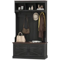 HOMCOM 3-in-1 Hall Tree with Shoe Storage, Coat Rack with Bench, Entryway Furniture with Five Hooks, Black Wood Grain(m-1)