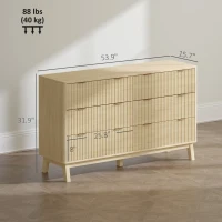 HOMCOM 6 Drawer Double Dresser for Bedroom, Fluted Chest of Drawers with Gold Finger Pulls and 5 Wood Legs, Natural Wood(m-3)