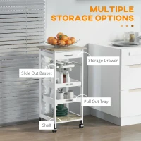 HOMCOM Rolling Kitchen Island Cart, Mobile Utility Storage Cart with Drawer, Wire Storage Basket, Removable Tray, White(m-4)