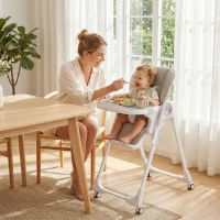Qaba High Chair with Wheels, Double Tray, Foldable Baby Seat with Adjustable Seat Height, Backrest, Footrest and Tray, Grey(m-1)