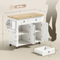HOMCOM 44" Mobile Kitchen Island Table, Kitchen Island Cart on Wheels with Storage Cabinets, 2 Drawers, White(m-3)