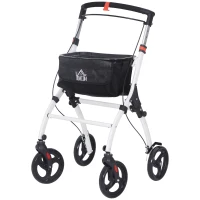 HOMCOM Upright Walker Rollator, Rolling Walker with Storage Bag, Tray, Dual Brakes, Adjustable Height, for Seniors, White(m-1)