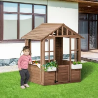 Outsunny Kids Wooden Playhouse, Outdoor Garden Games Cottage with Flowers Pot Holder, Working Door, Windows, Brown(m-16)