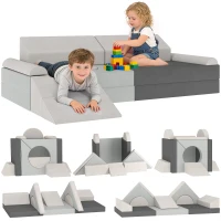 Qaba 12 PCS Modular Kids Play Couch, Child Sectional Sofa for Toddlers, Convertible Foam and Floor Cushion, Grey(m-9)
