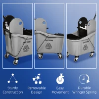 HOMCOM 9.5 Gallon (38 Quart) Mop Bucket with Wringer Cleaning Cart, 4 Moving Wheels, Mop-Handle Holder & 2 Separate Buckets, Gray(m-7)