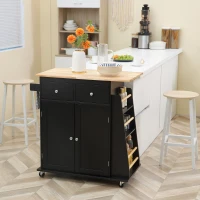 HOMCOM Rolling Kitchen Island Trolley Storage Cart with Rubber Wood Top, 3-Tier Spice Rack, Towel Rack Home Kitchen Carts, Black(m-8)