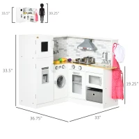 Qaba Corner Play Kitchen Set with Sound Effects and Tons of Countertop Space, Large Wooden Kitchen with Washing Machine, Food Toys, Ice Maker, Kids Kitchen, Ages 3-6, White(m-3)