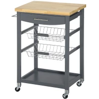 HOMCOM 3-Tier Kitchen Cart, Utility Cart with Solid Wood Top, Steel Basket, Rolling Kitchen Island with Drawer, Microwave Stand, Gray(m-16)