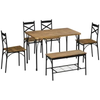 HOMCOM Industrial Dining Table Set for 6 People, 6 Piece Kitchen Table and Chairs Set, Dinner Table with Bench, Steel Frame and Storage Shelf, Dinette Set, Rustic Brown(m-11)