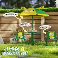 Qaba Kids Picnic Table and Chair Set, Outdoor Activity Table with Foldable Chairs, Height Adjustable Umbrella, Green(m-4)