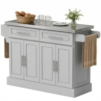 HOMCOM Rolling Kitchen Island Cart with 47" Stainless Steel Top, Portable Island Table for Kitchen with Wheels, Adjustable Shelves, 2 Drawers, Spice, Knife and Towel Rack, Gray(m-12)