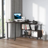 HOMCOM Mobile L-Shaped Rotating Computer Desk with Storage Shelves Moveable Rolling Writing Table Home Office Study Workstation for Home Office, Coffee(m-10)