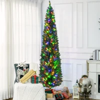 HOMCOM 8' Artificial Pencil Christmas Trees Holiday Decoration with Colorful LED Lights, Steel Base, Skinny Shape(m-10)