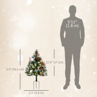 HOMCOM 2 Foot/23 inch 2 Pack Prelit Artificial Christmas Tree Cordless with 70 Branches, Warm White LED lights, Red Berries, Pine Cones, Balls, for Outdoor Entryway, Green(m-3)