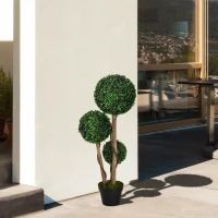 HOMCOM 35 Inch Potted Fake Plant, Artificial Boxwood Topiary Tree, Triple Ball Tree for Indoor and Outdoor, Dark Green(m-8)