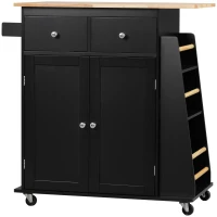 HOMCOM Rolling Kitchen Island Trolley Storage Cart with Rubber Wood Top, 3-Tier Spice Rack, Towel Rack Home Kitchen Carts, Black(m-11)