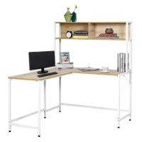 HOMCOM 55 Inch L Shaped Computer Desk with Hutch, Corner Desk for Home Office and Study, Writing Workstation with 2 Storage Compartments, Natural Wood Color(m-1)