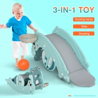 Qaba 3-in-1 Kids Portable Slide Rocking Horse Toy with Basketball Hoop for Age 1.5-3 Boys and Girls, Mint Green(m-5)