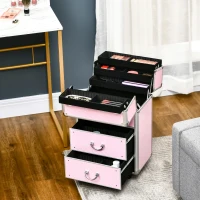 HOMCOM Rolling Makeup Train Case, Large Storage Cosmetic Trolley, Lockable Traveling Cart Trunk with Folding Trays, Swivel Wheels(m-9)