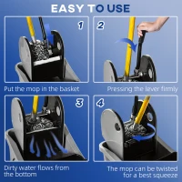 HOMCOM 9.5 Gallon (38 Quart) Mop Bucket with Wringer Cleaning Cart, 4 Moving Wheels, Mop-Handle Holder & 2 Separate Buckets, Gray(m-5)