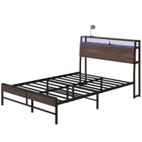 HOMCOM Full Size Bed Frame with LED Lights and Charging Station, Full Bed Frame with Storage Headboard, Noise-Free, Walnut(m-2)