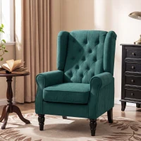 HOMCOM Fabric Accent Chair, Button Tufted Armchair, Armchair with Wood Legs, Thick Padding for Bedroom Dark Green(m-8)