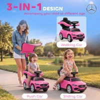 Qaba 3 in 1 Toddler Push Car Licensed Benz with Push Handle, Guardrails, Canopy, Horn, Music, Storage for 18-36 Months, Pink(m-4)