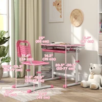 Qaba Height Adjustable Study Table and Chair Set with Drawer, Pen Slot, Tiltable Desktop, Hook, Pink(m-3)