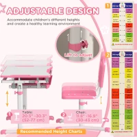 Qaba Height Adjustable Study Table and Chair Set with Drawer, Pen Slot, Tiltable Desktop, Hook, Pink(m-6)