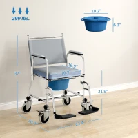 HOMCOM Rolling Shower Chair, Bedside Commode Wheelchair with Padded Seat, Backrest, for Seniors, Disabled, 300 lbs, Gray(m-3)