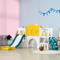 Qaba 9 in 1 Toddler Slide with Basketball Hoop, Climber, Telescope, Tunnel, Steering Wheel, for 1-3 Years, Yellow(m-8)
