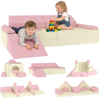 Qaba 12 PCS Modular Kids Play Couch, Child Sectional Sofa for Toddlers, Convertible Foam and Floor Cushion, Pink(m-9)