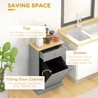 HOMCOM 10 Gallon Tilt Out Trash Cabinet, Wooden Hidden Trash Can with Storage Drawer for Kitchen, Laundry Hamper Cabinet for Bathroom, Gray(m-5)