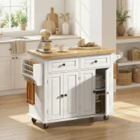 HOMCOM 44" Mobile Kitchen Island Table, Kitchen Island Cart on Wheels with Storage Cabinets, 2 Drawers, White(m-2)