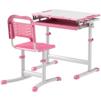 Qaba Height Adjustable Study Table and Chair Set with Drawer, Pen Slot, Tiltable Desktop, Hook, Pink(m-2)