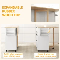 HOMCOM Kitchen Island with Drop Leaf, Rolling Kitchen Cart on Wheels with 3 Drawers, 2 Cabinets, Natural Wood Top, Spice Rack and Towel Rack, White(m-5)