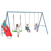 Outsunny Metal Swing Set for Backyard, 4 in 1 Design with 1 Nest Swing, 2 Seats, 1 Slide, Holds Up to 352 lbs. for Ages 3-8(m-9)