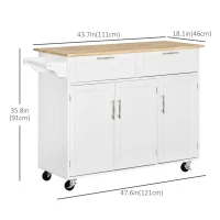 HOMCOM 48" Kitchen Island with Storage and Solid Wood Top, Rolling Kitchen Cart on Wheels with 2 Storage Drawers, 3 Doors and Towel Rack for Dining Room, White(m-3)
