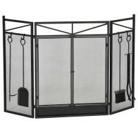 HOMCOM 3-Panel Folding Fireplace Screen with 2 Magnetic Doors and Fire Place Tools Set, Fire Spark Guard for Wood Burning, with Brush, Shovel, Poker, Firewood Tongs, 48" x 0.75", Black(m-1)