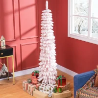 HOMCOM 6ft Snow-Flocked Artificial Christmas Tree, Slim Pencil Xmas Tree with 395 Realistic Branches, Metal Base, Pink(m-1)