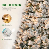 HOMCOM 7.5 ft Prelit Flocked Artificial Christmas Tree with 500 Clear Lights, 1530 Tips, Metal Stand for Home Office Holiday(m-5)